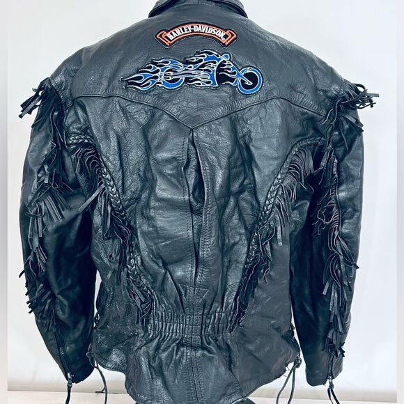 Unik Black Cropped Leather Jacket with Fringe, Harley Patches size Large - Picture 5 of 15